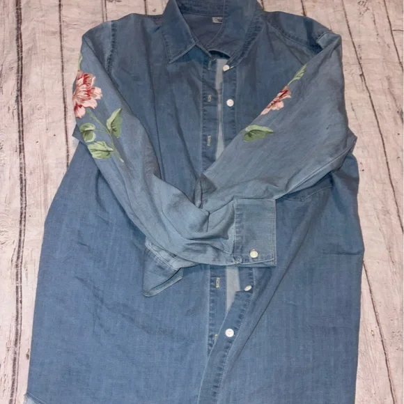 RARE! Lauren Moshi Sloane Love You Forever long-sleeve button-up denim shirt S - Picture 5 of 7